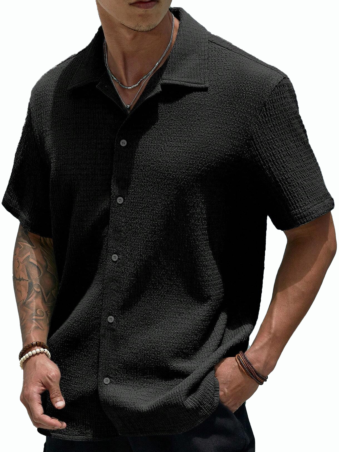 Stylish Men's Pleated Casual Lapel Short Sleeve Shirt