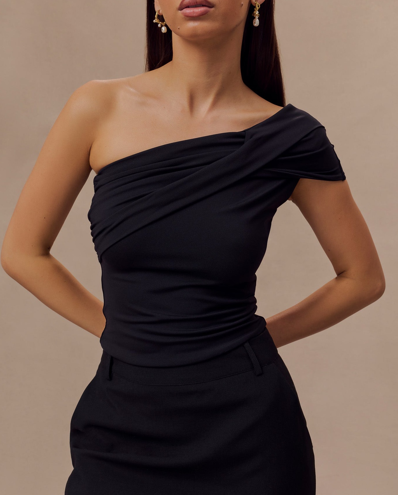 Black One Shoulder Recycled Nylon Twist Top