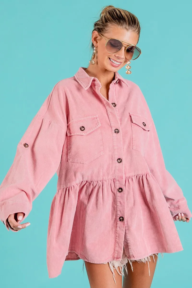 Corduroy Ruffle Peplum Button Up Shirt
