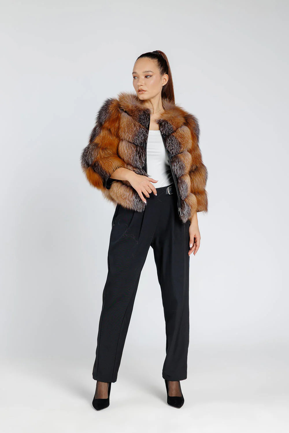 Haină din Blană Naturală de Vulpe, Femei, Brown Frost 260