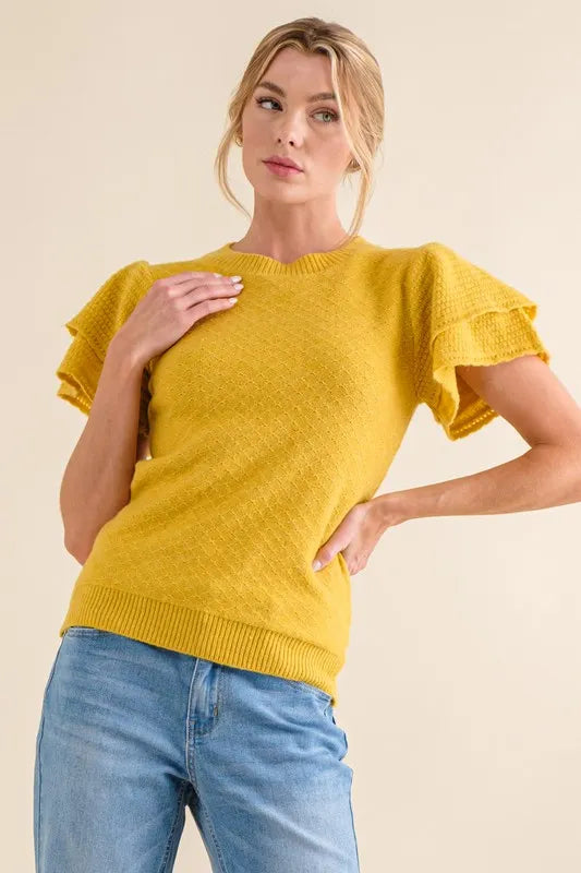 Double Layered Ruffle Sleeves Sweater Top