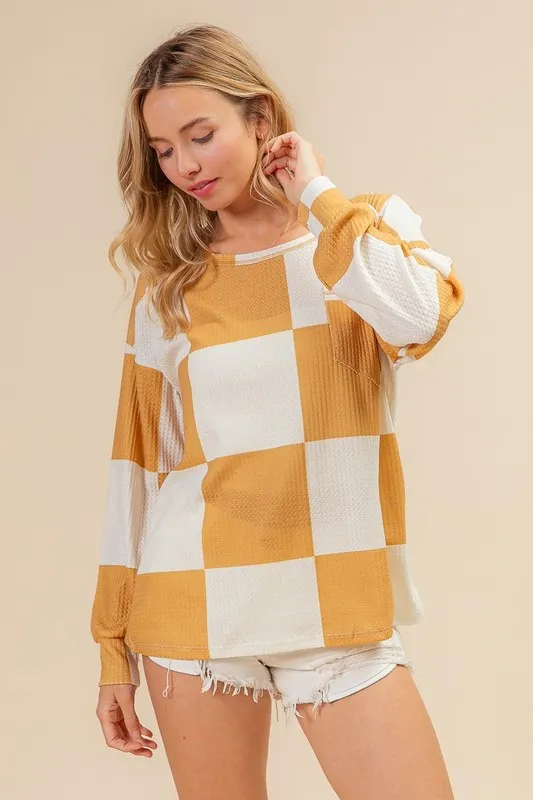Checker Printed Hacci Top With Front Pocket