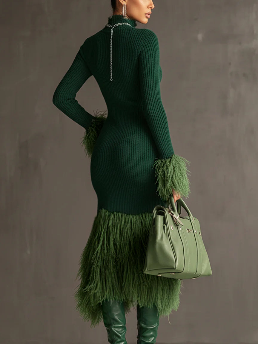 Emerald Knit Patchwork Eco Faux Fur Long Sleeve Bodycon Dress