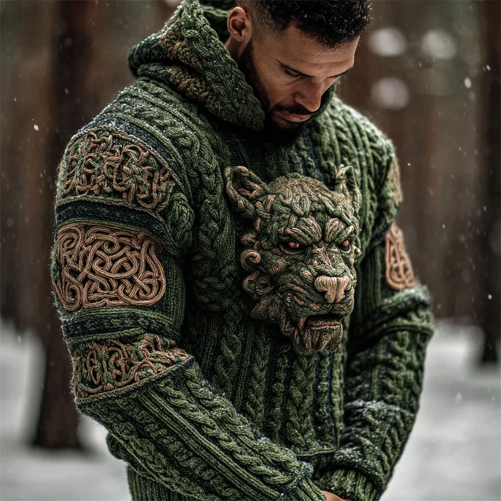 Viking Monster & Celtic Knot Men's Hooded Knit Sweater