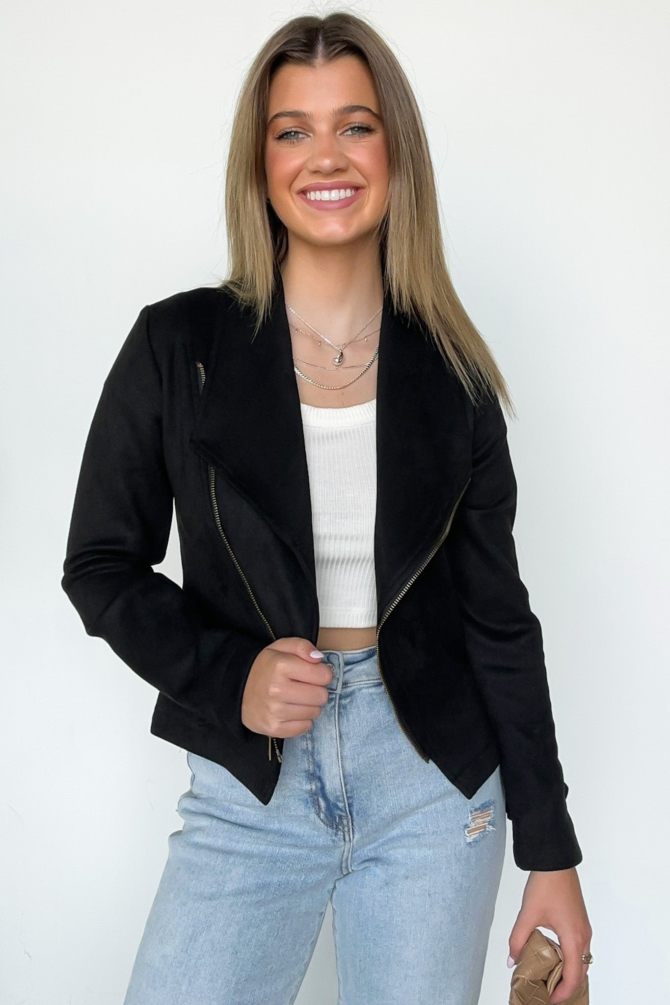 Faux Suede Zip Up Moto Jacket