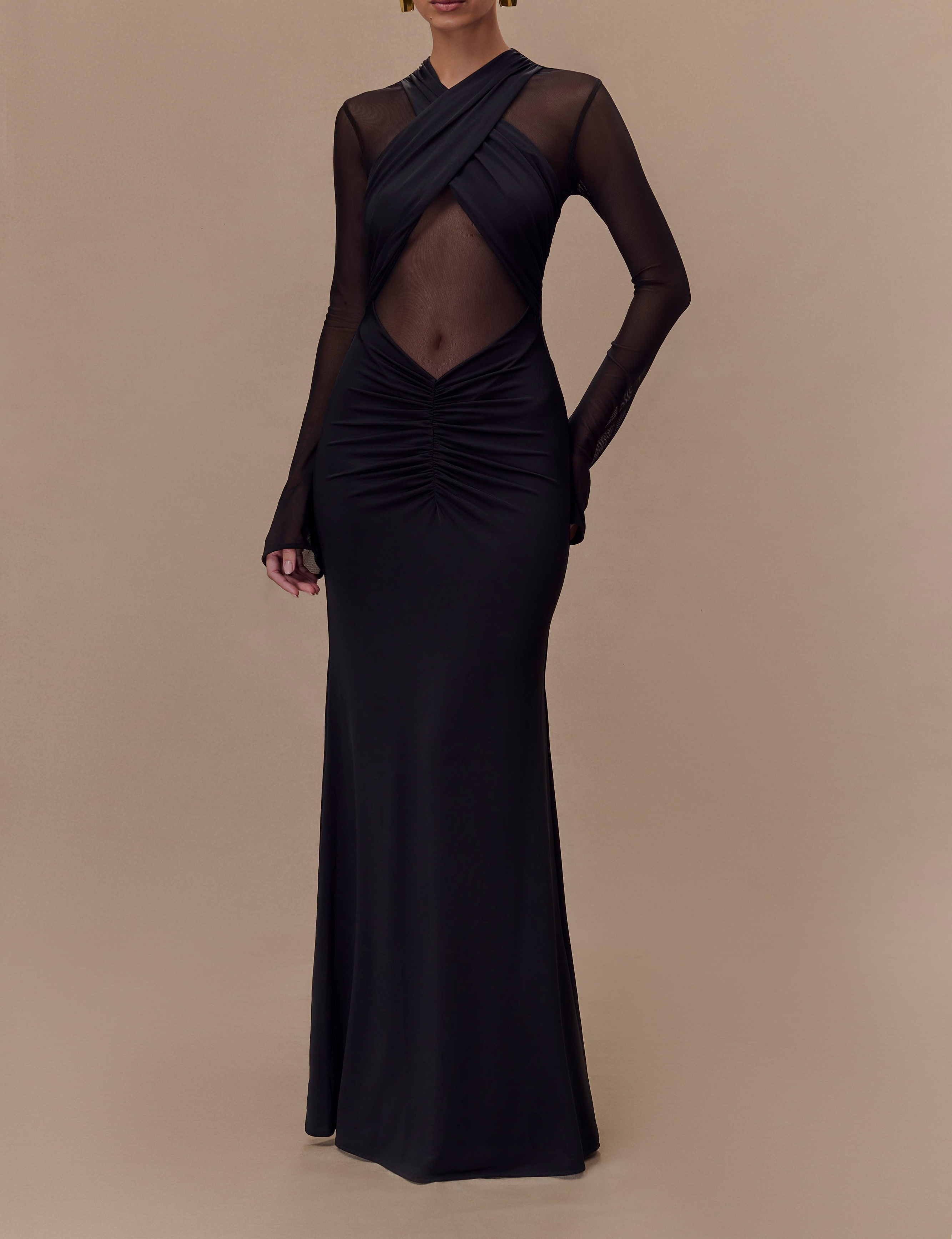 Black Slinky And Mesh Long Sleeve Maxi Dress