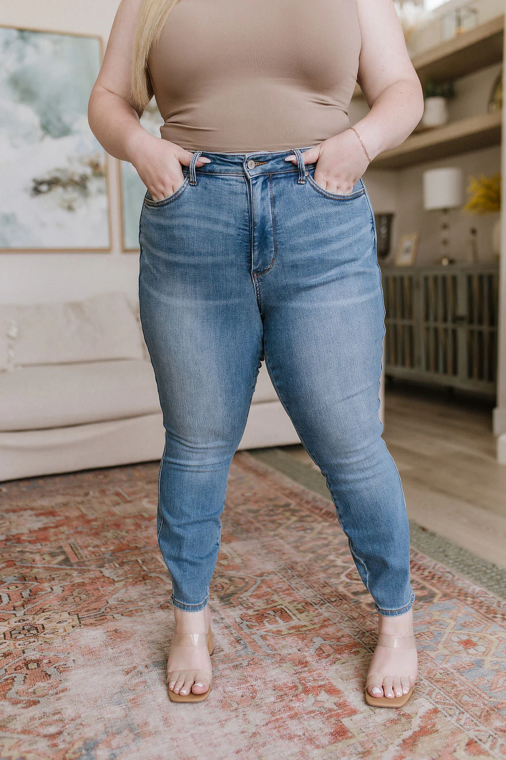 High Rise Control Top Shield Pocket Skinny Jeans