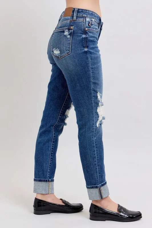 Blue Full Size Midi Rise Boyfriend destroy Jeans with Yoke Pockets and Faux Selvedge Cuff Plus Size