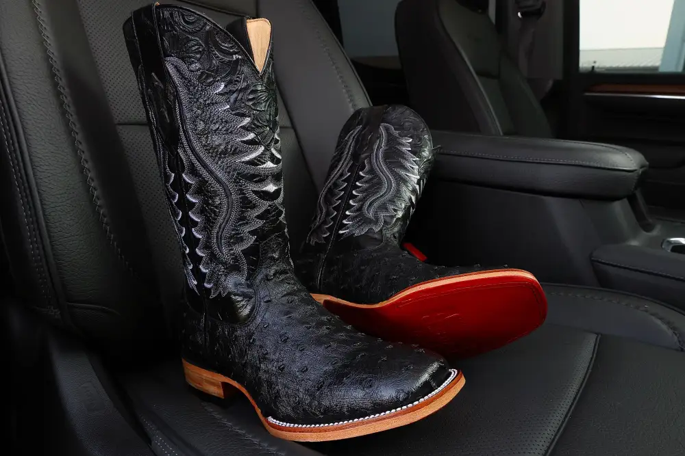 Men’s Black Ostrich Leather Boots — Square Toe