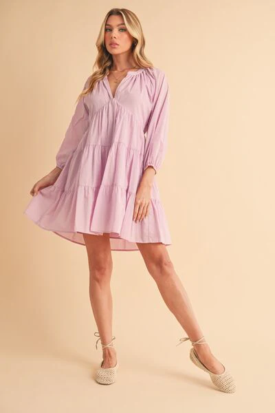 Notched Balloon Sleeve Tiered Mini Dress