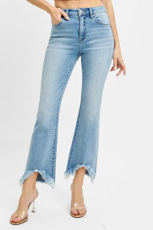High Rise Crop Bootcut Fray Hem Jeans