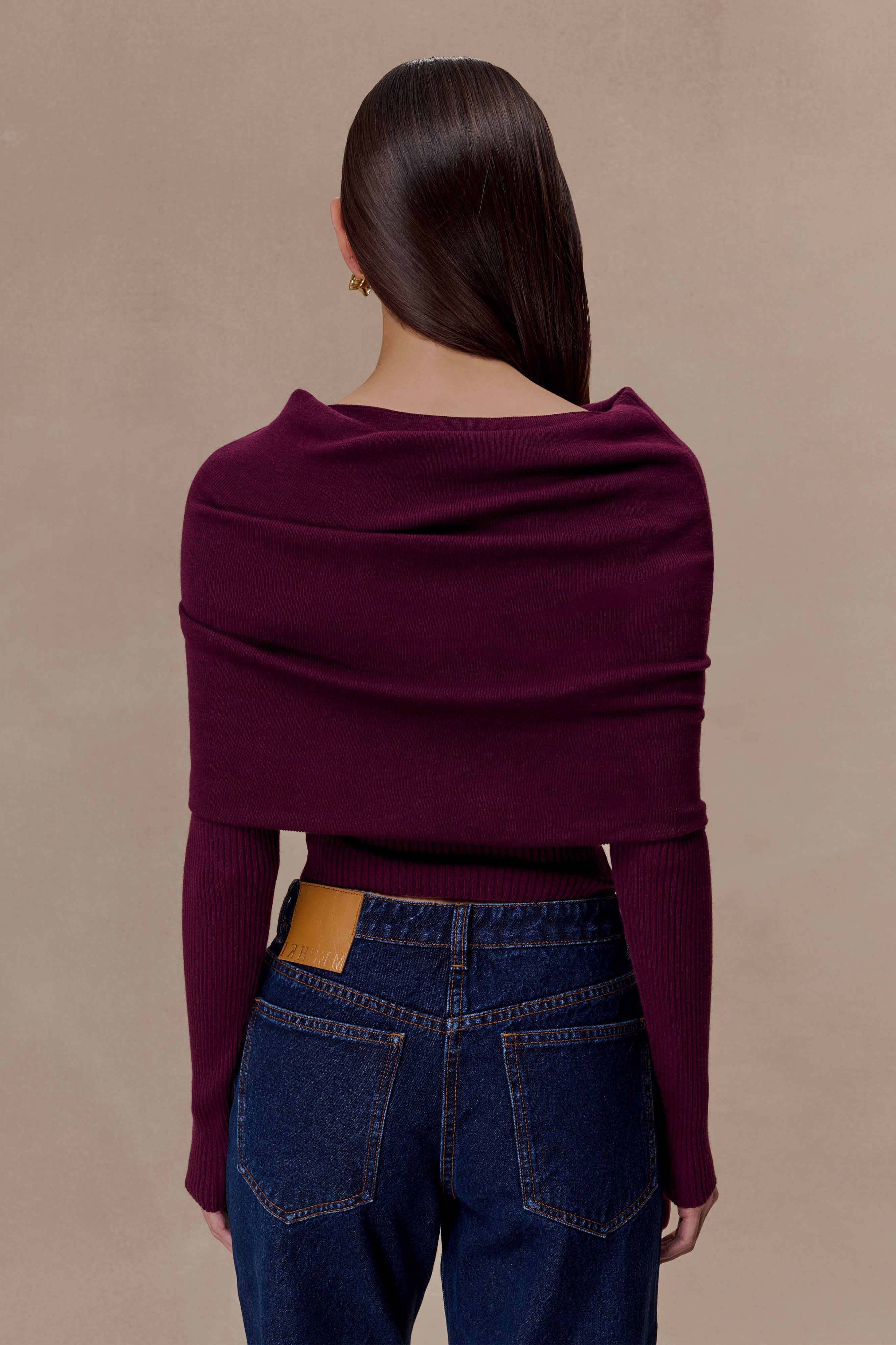 Plum Asymetrical Cashmere Blend Long Sleeve Knit Top