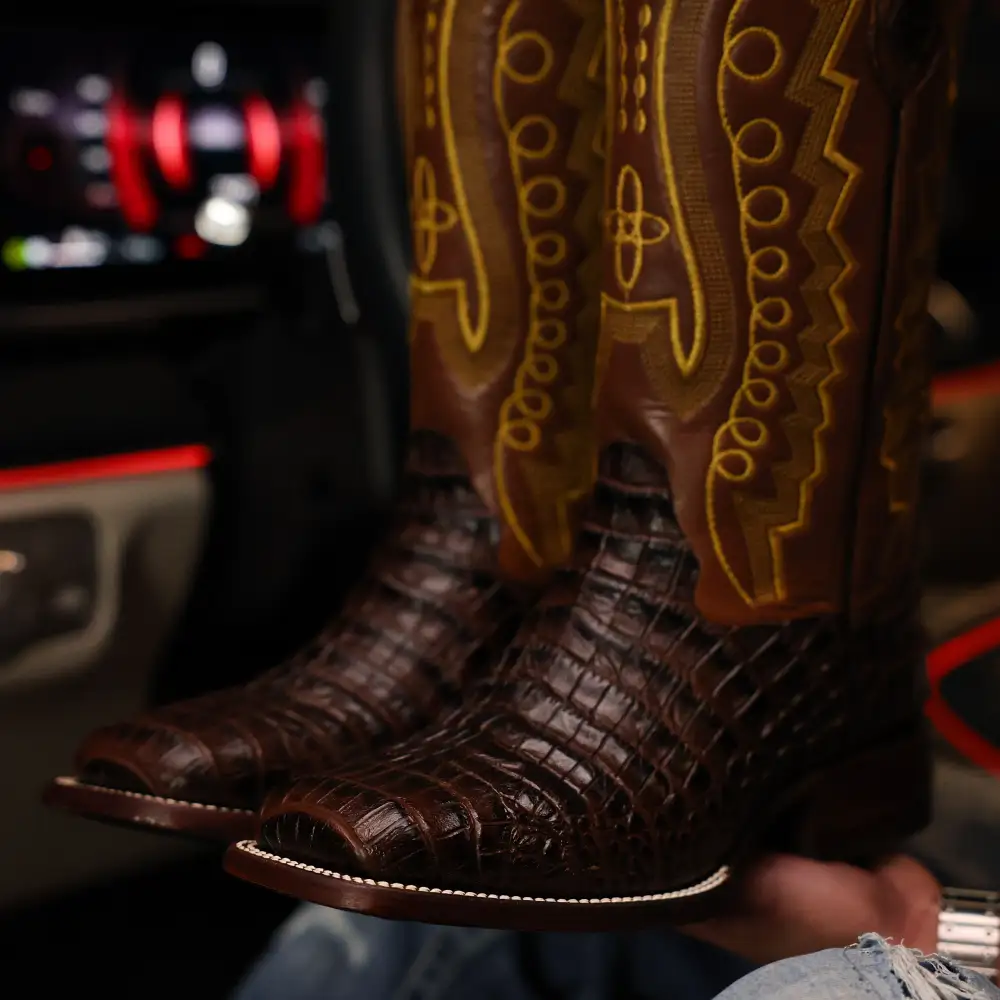 Chocolate Brown American Gator Belly Leather Boots - Square Toe