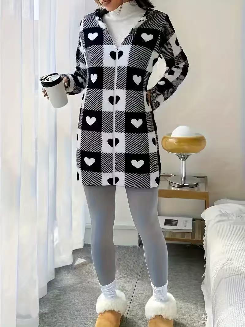 Women's Plaid Fleece Long Sleeve Hooded Coat, Casual Style, Moderate Fabric Thickness, All Seasons Wear, Comfortable Fit