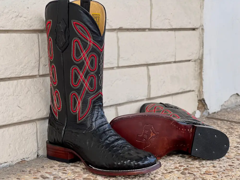 Men’s Black Crocodile Leather Boots With Black Shaft With Red Embroidery