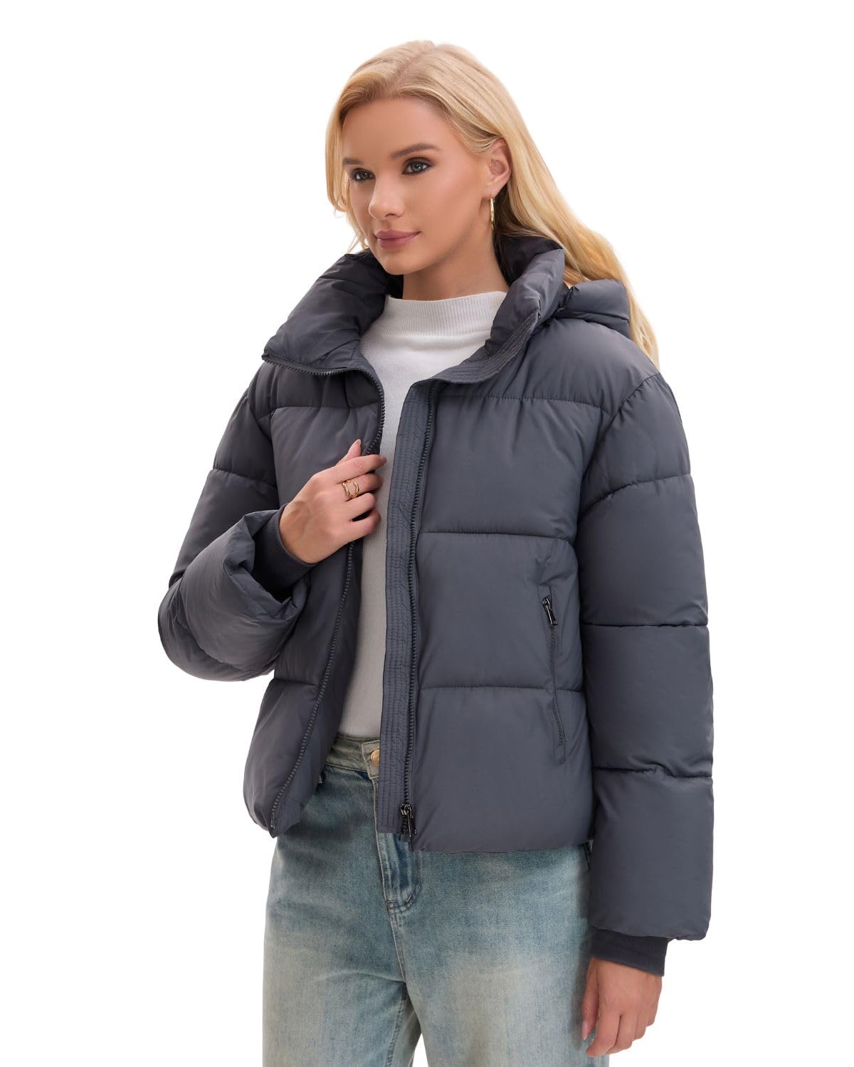 WarmCore Premium Short Puffer Jackets with Removable Hood & Optional Faux Fur Linging, Lady Casual Outerwear Longsleeves Zip Pockets Warm Quilted Coat