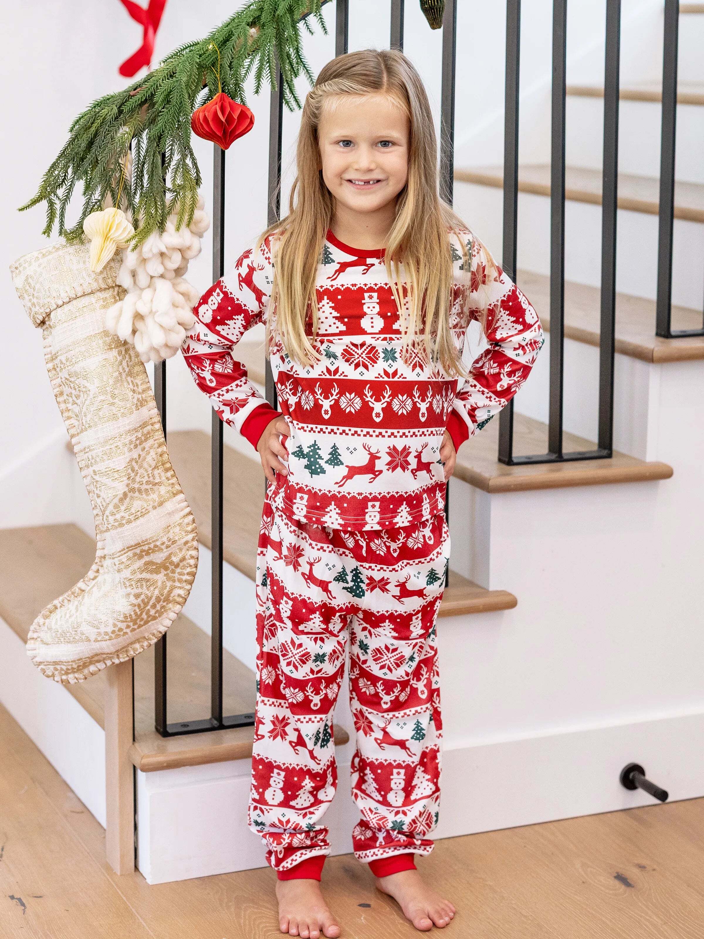 Christmas Matching Family Pajamas Set Reindeer and Snowman Print Red Long-sleeve PJS with Christmas Socks Red