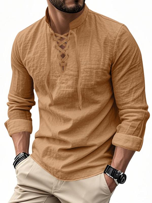 Men's Lightweight Breathable Linen Shirt, Drawstring Collar, Unique Design, Casual Plain Long Sleeve Polo, Perfect for Daily Commute Spring Fall Men's Clothing