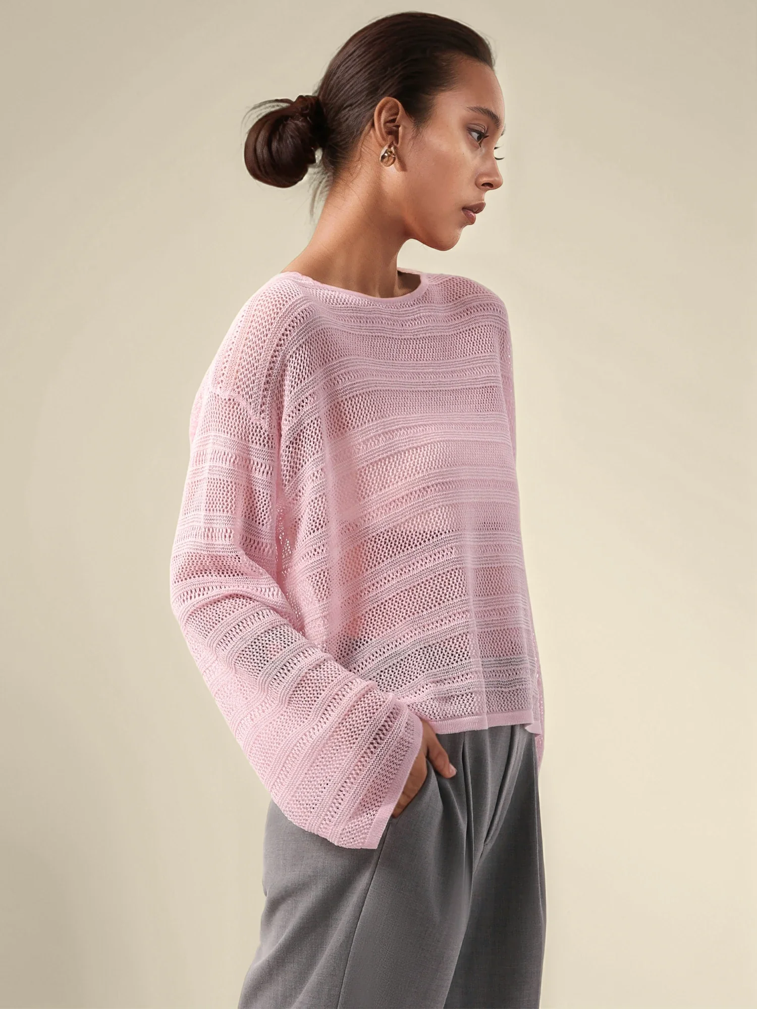 Linen & Lyocell Round Neck Long Sleeve Top