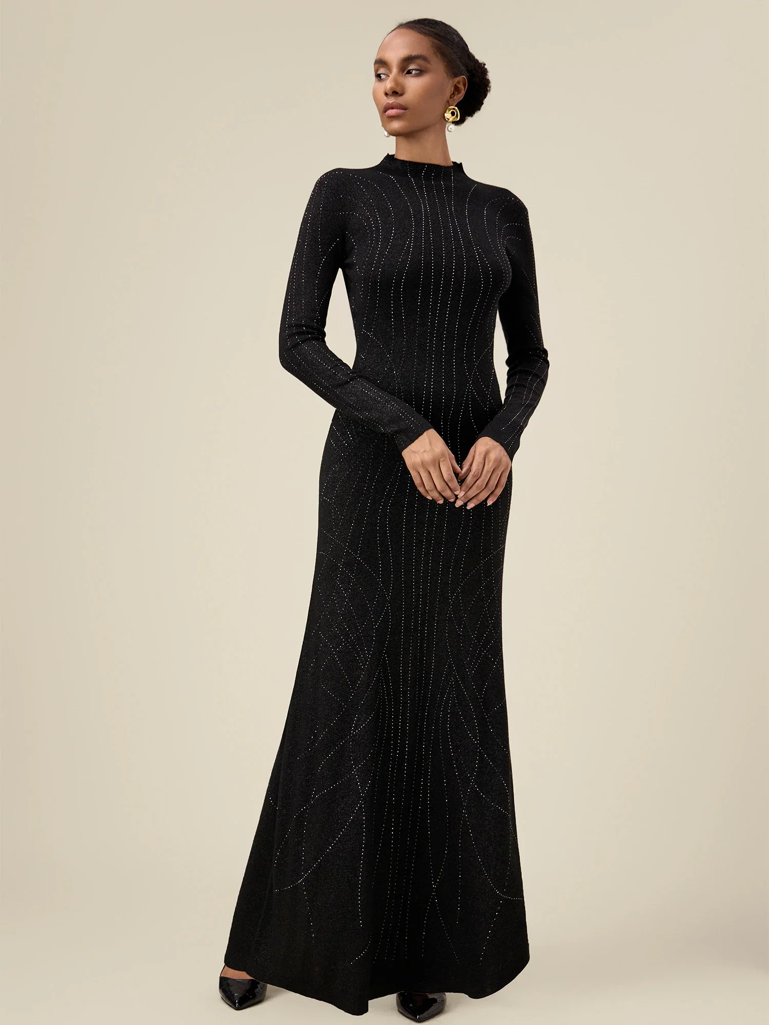 Wool Mock Neck Rhinestone Backless Knit Dress