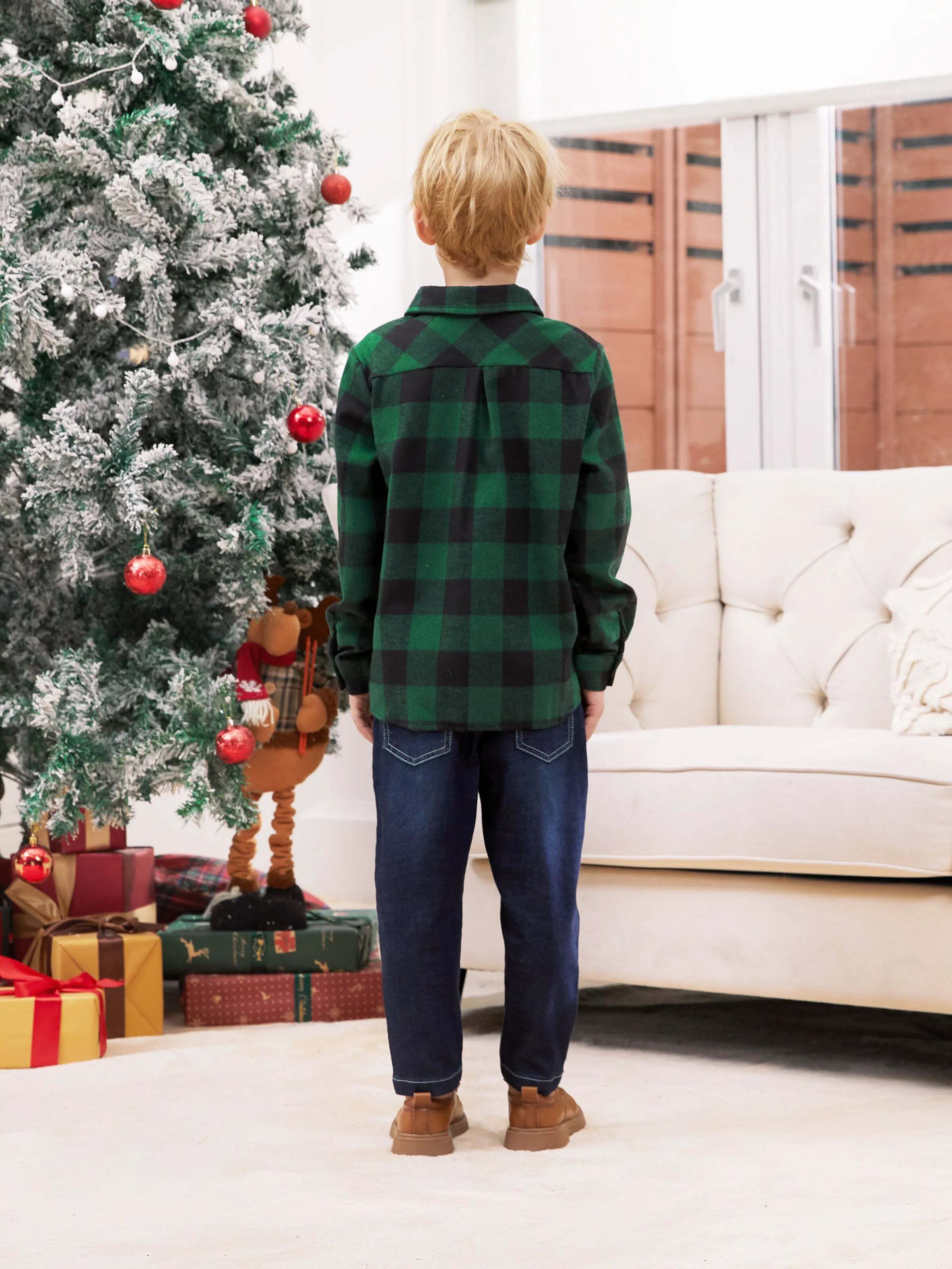 Family Matching Sets Green Plaid Long Sleeves Shirt or Tulle Mesh Dress DarkGreen