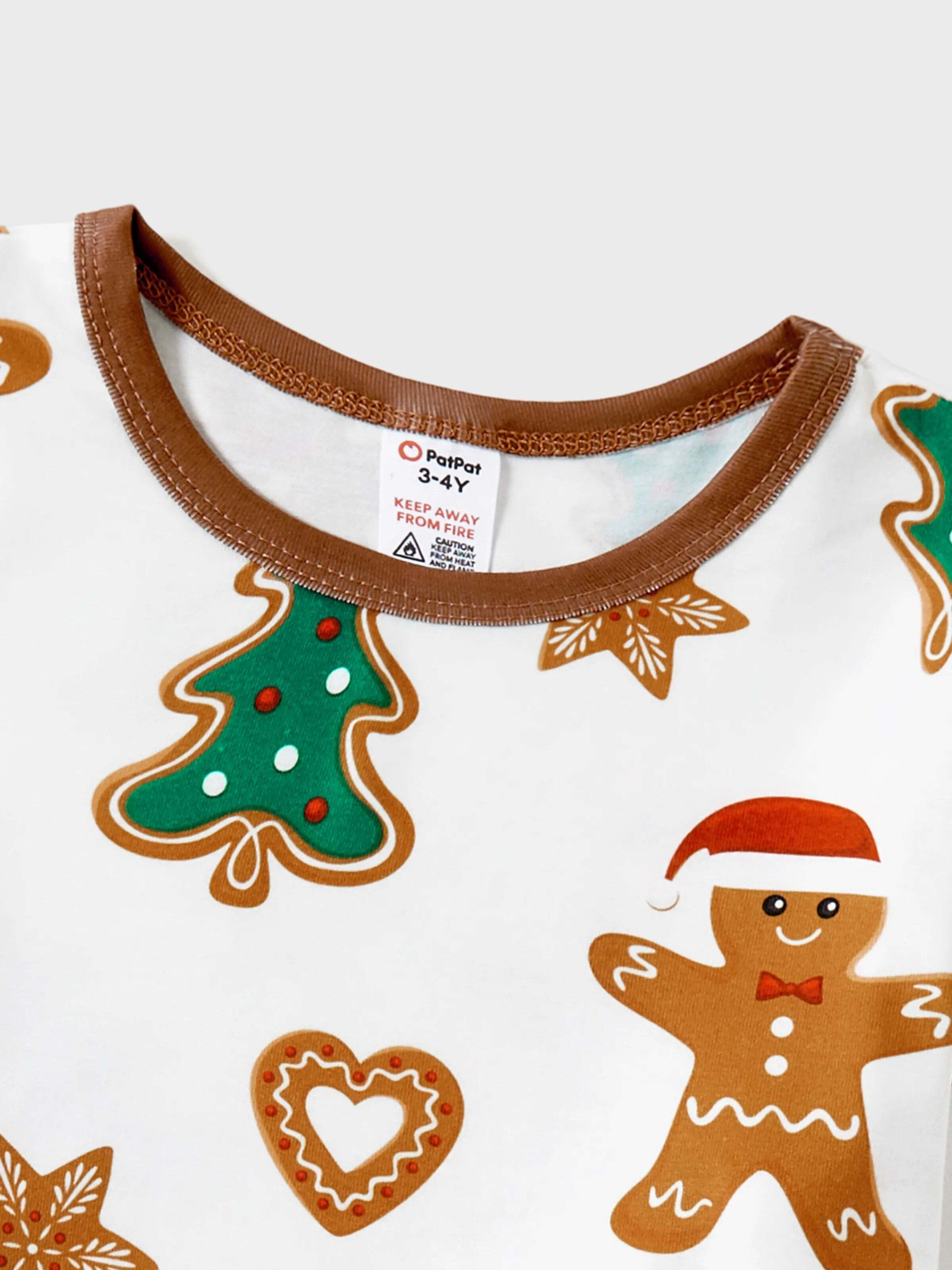 Christmas Family Matching Cartoon Gingerbread Man and Tree All-over Print Long-sleeve Pajamas Sets with Christmas Socks Coffee