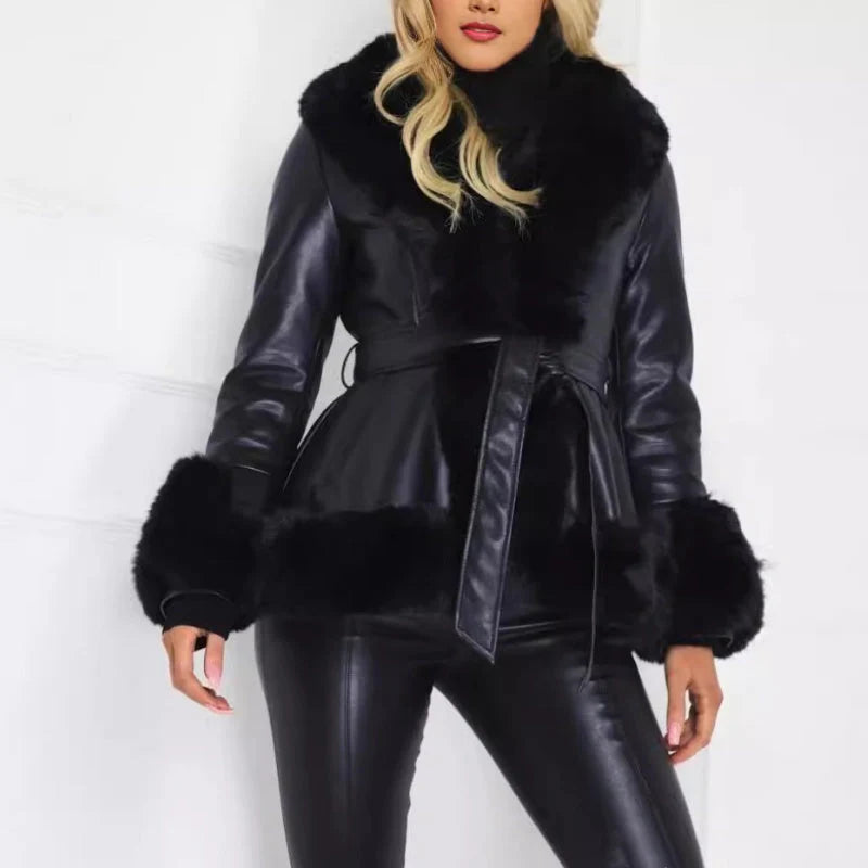 Women's coat made of faux leather with faux fur collar