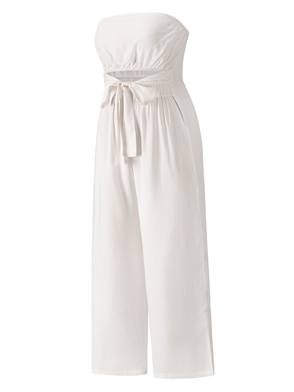Original Cold Shoulder Tied Solid Color Straight Leg Jumpsuits