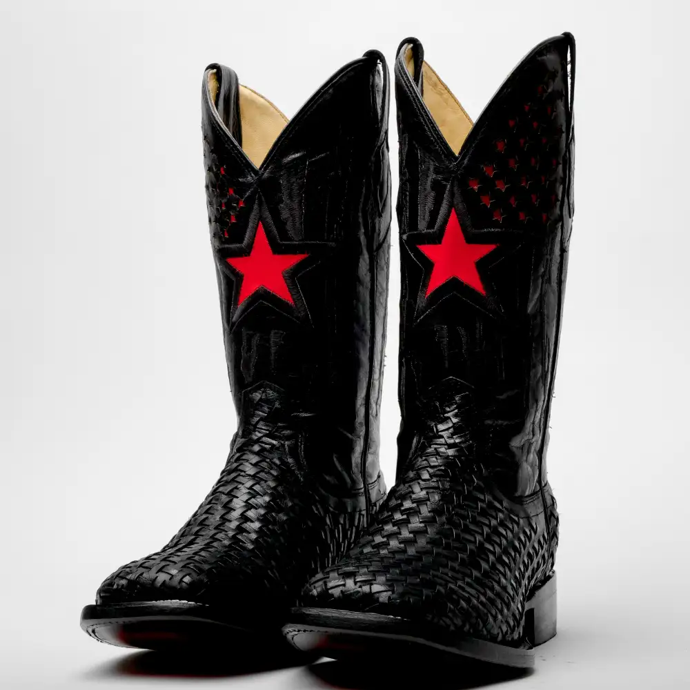 Black Basketweave Leather Boots - Square Toe