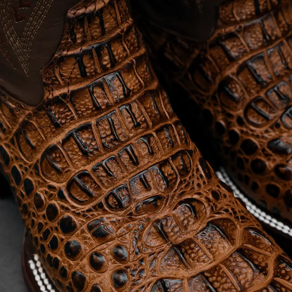 Honey Caiman Neck Leather Boots - Square Toe