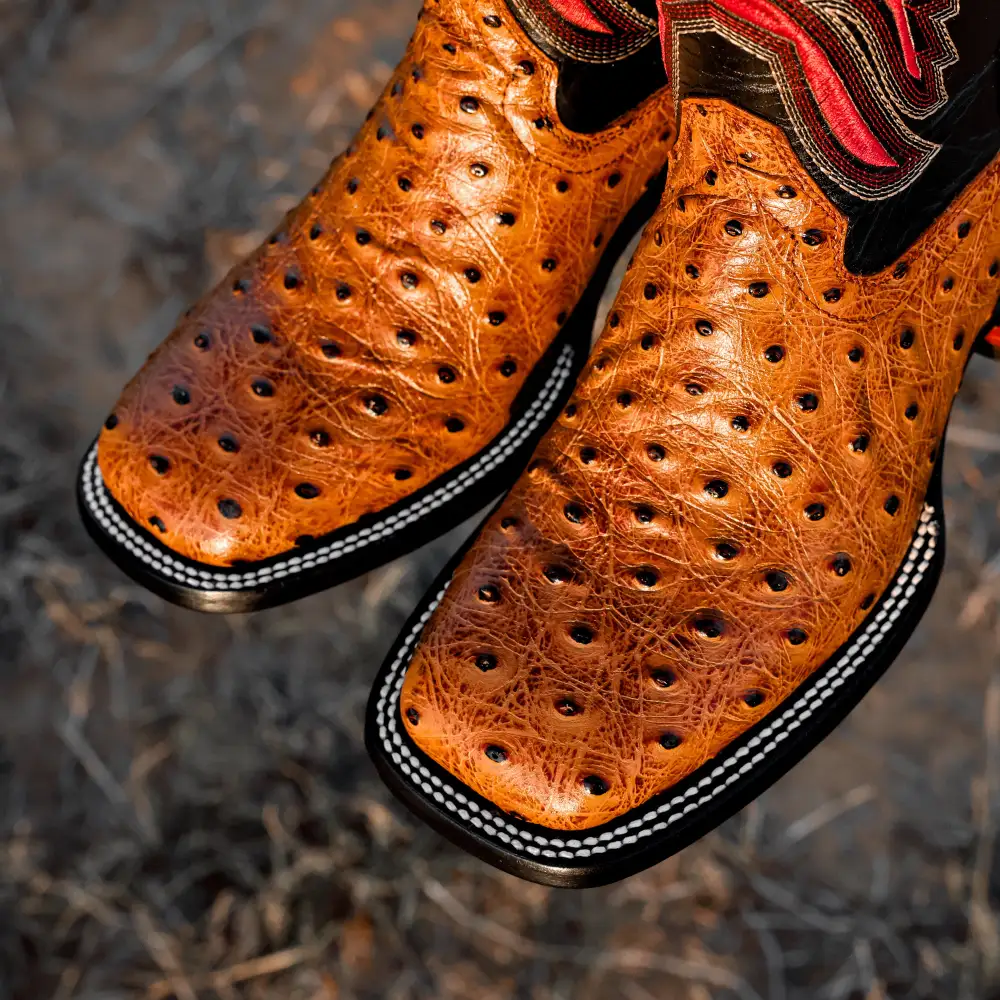 Distressed Cognac Ostrich Leather Boots - Square Toe