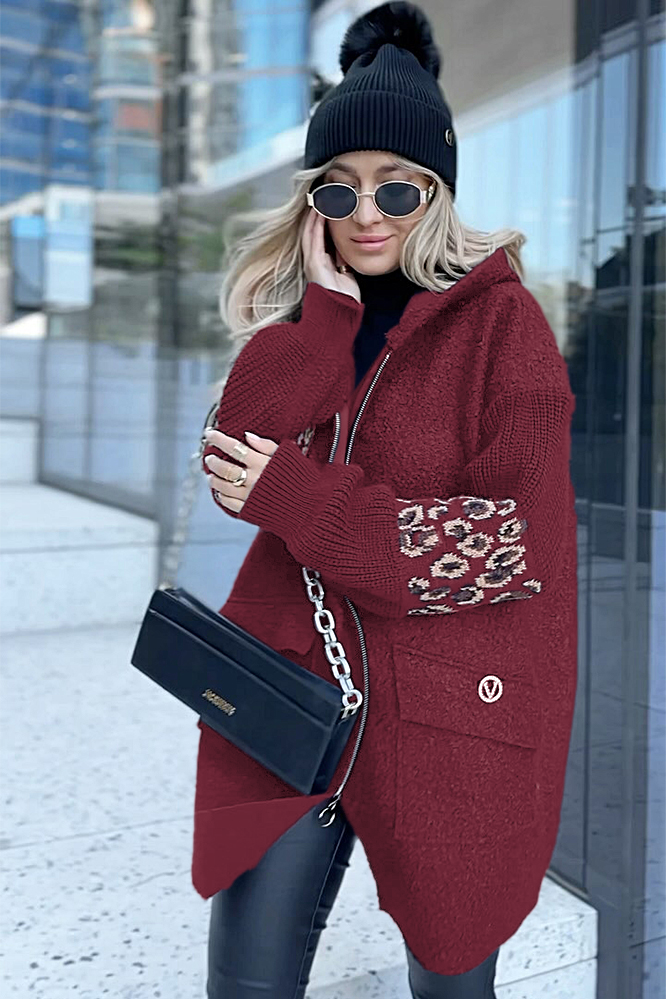 Contrast leopard print hooded knitted jacket