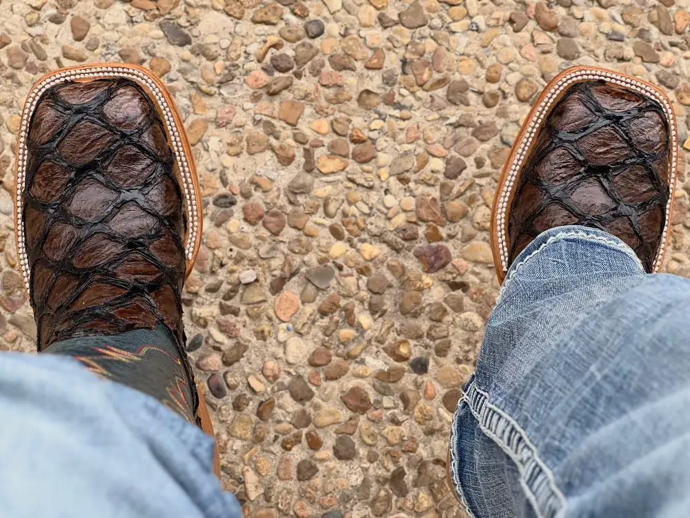 Men’s Brown Pirarucu Leather Boots With Blue Shaft
