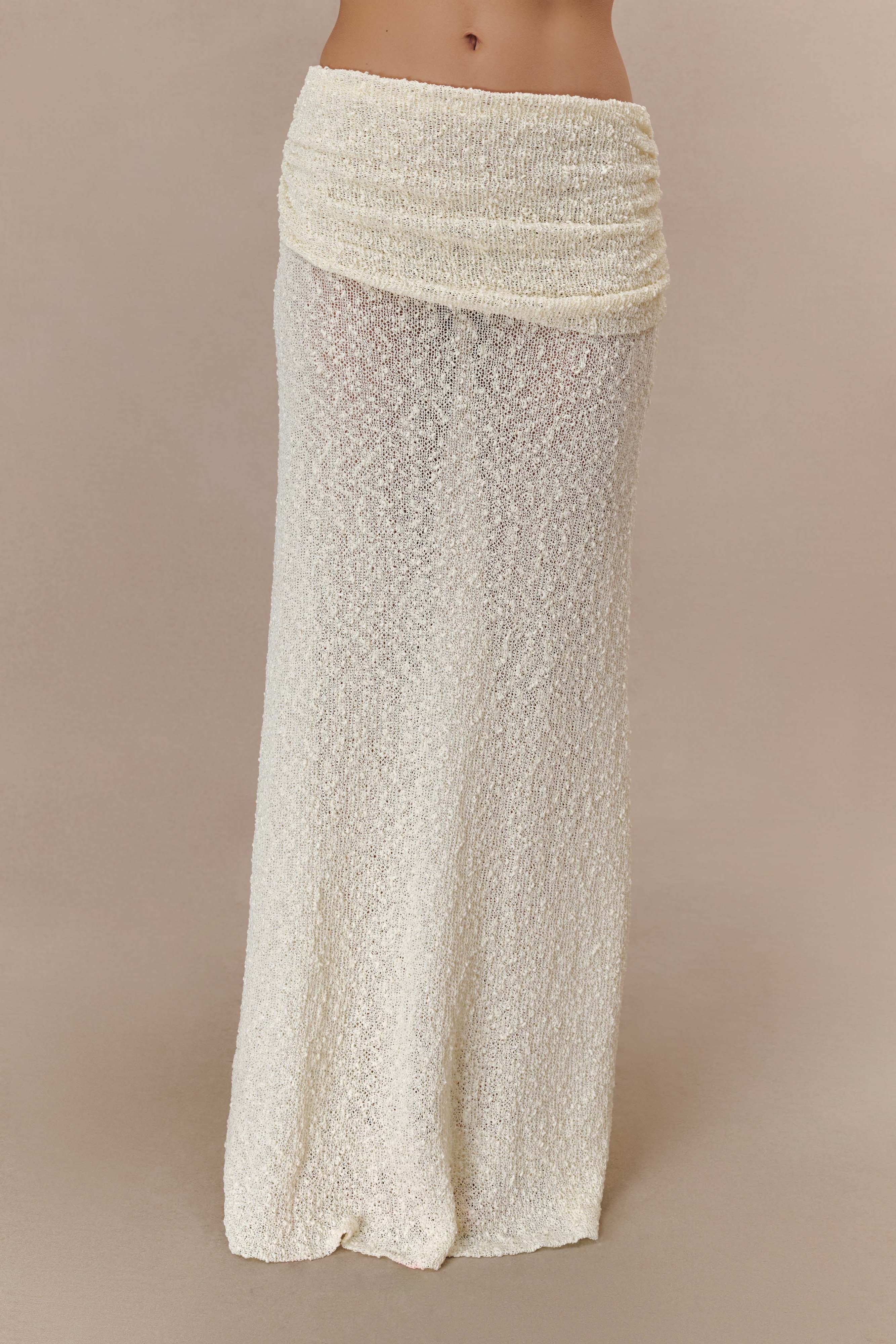Ivory Ruched Knit Maxi Skirt