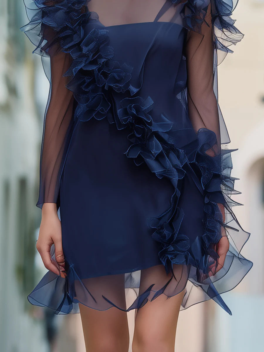 Midnight Blue Organza Ruffle Mini Dress