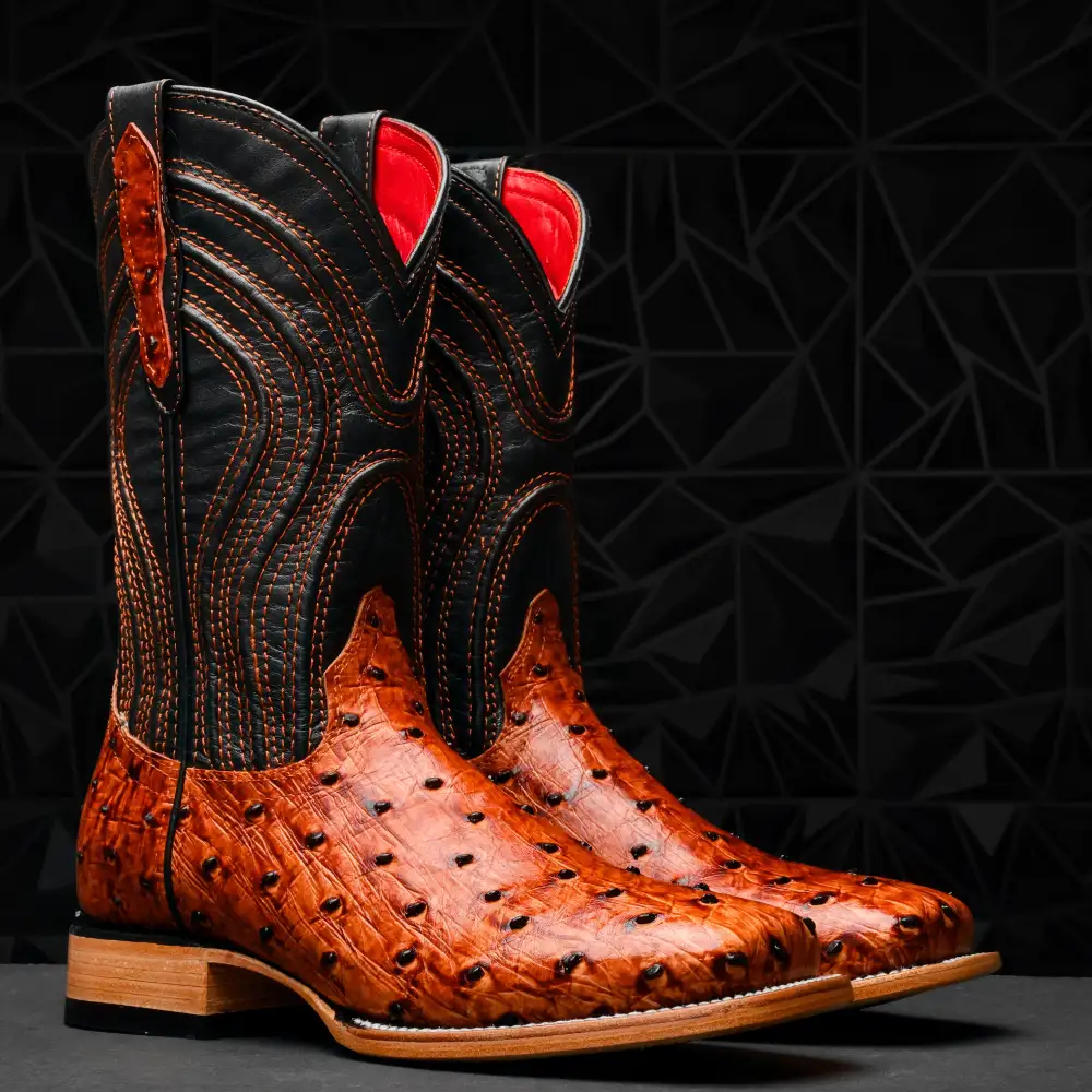 Cognac Ostrich Leather Boots - Square Toe