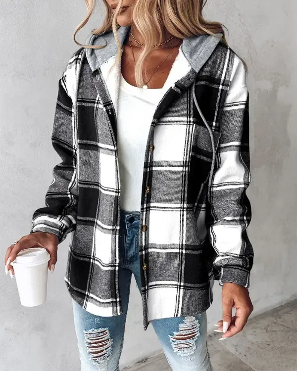 Plaid Pattern Long Sleeve Shacket Button Down Fleece Lined Hooded Jackets Warm Coat