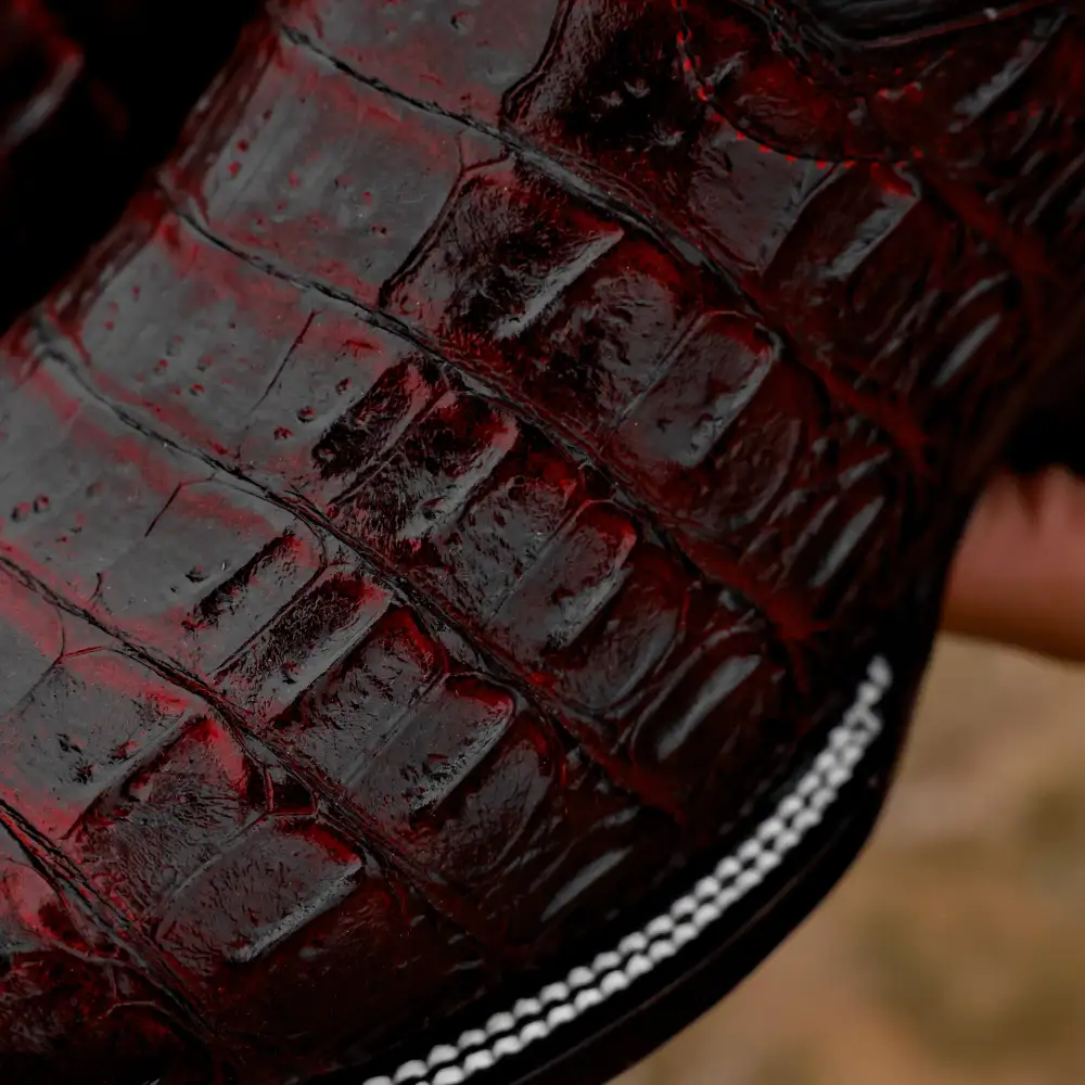 Black Cherry Caiman Hornback Leather Boots - Square Toe