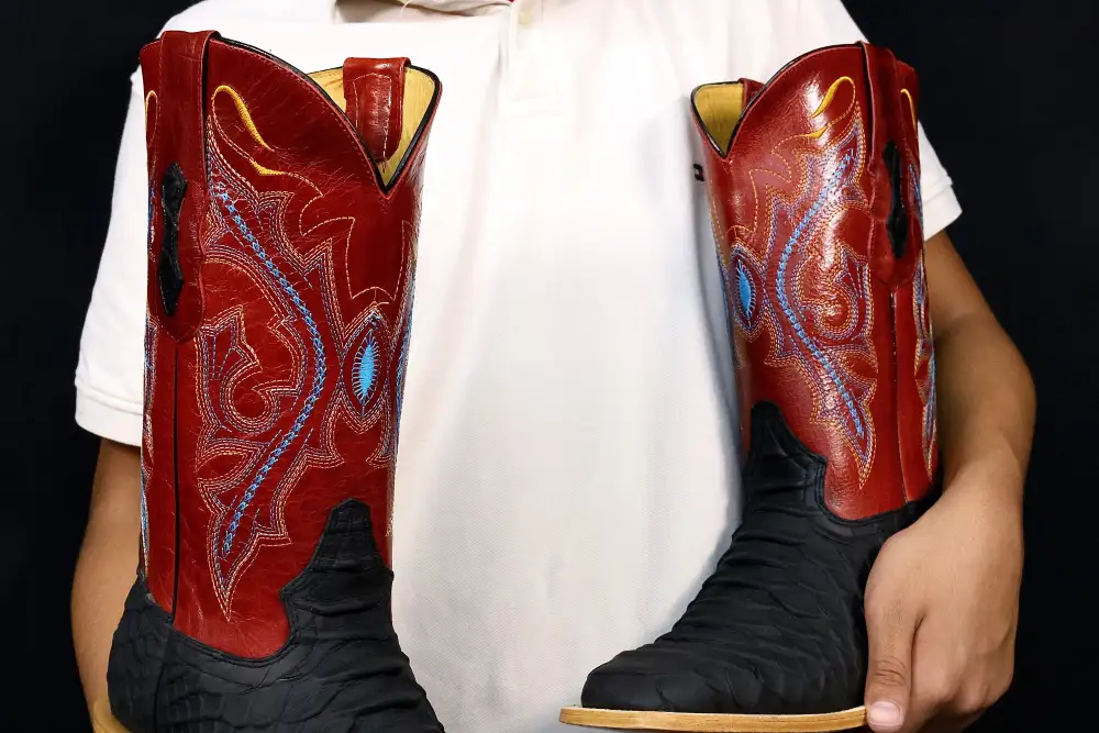 Men’s Black Anaconda Leather Boots With Red Shaft