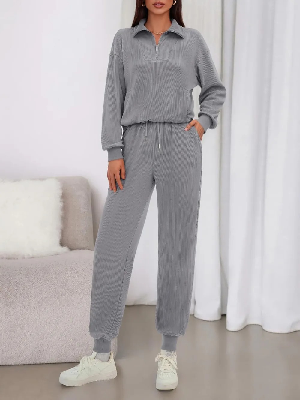 Women's Long Sleeve Half Zip Sweatshirt Sweatpants Lounge Set Sweatsuits with Pockets