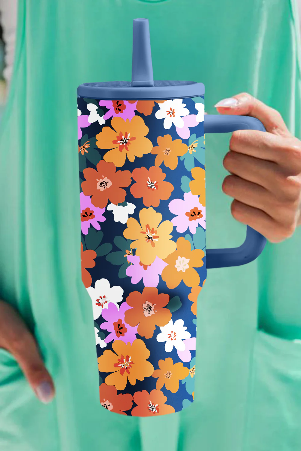 Sky Blue Flower Print Stainless Steel Large Vacuum Cup