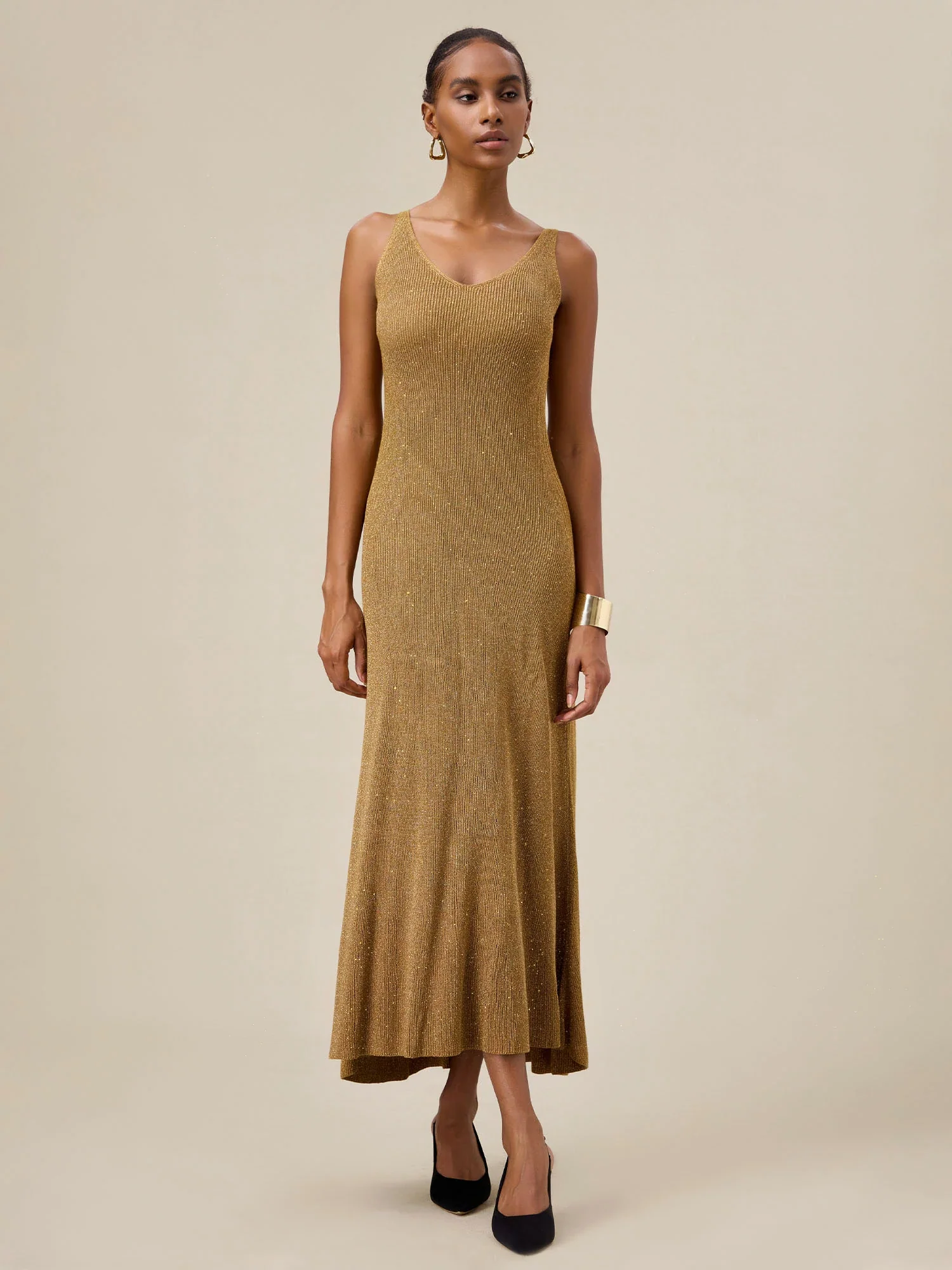 V-Neck Halter Metallic Maxi Dress