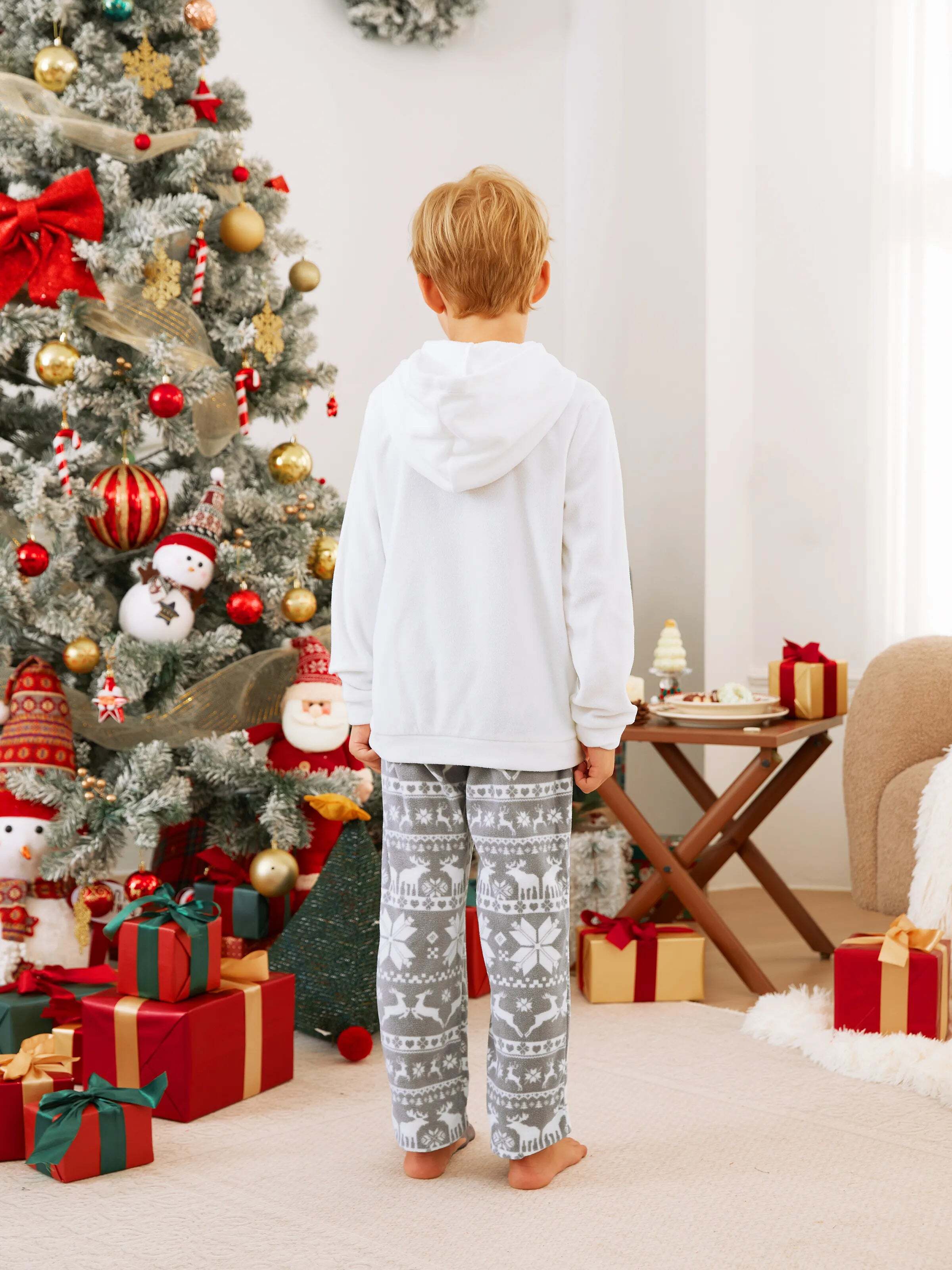 Christmas Family Matching Letters Embroidered Long-sleeve Hooded Fleece Pajamas Sets with Christmas Socks White