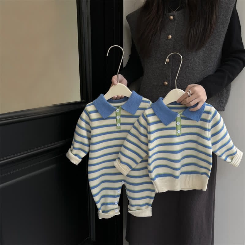 Baby Blue Striped Polo Romper/Sweater