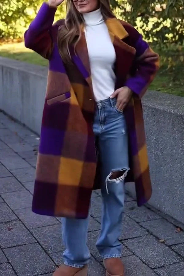 Women Autumn Winter Colorful Plaid Long Coat