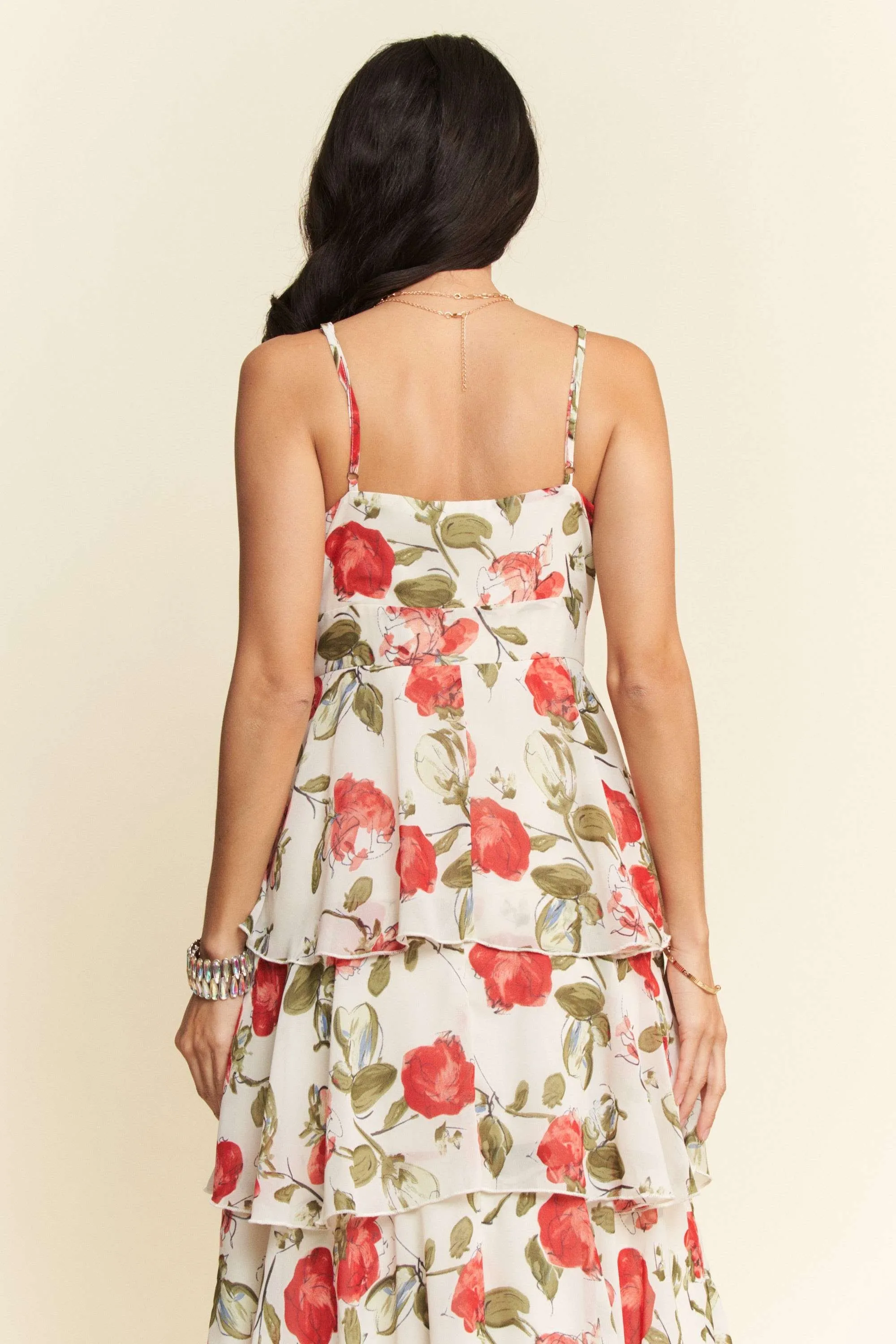 Contrast Ring Lace Layered Ruffle Maxi Cami Dress