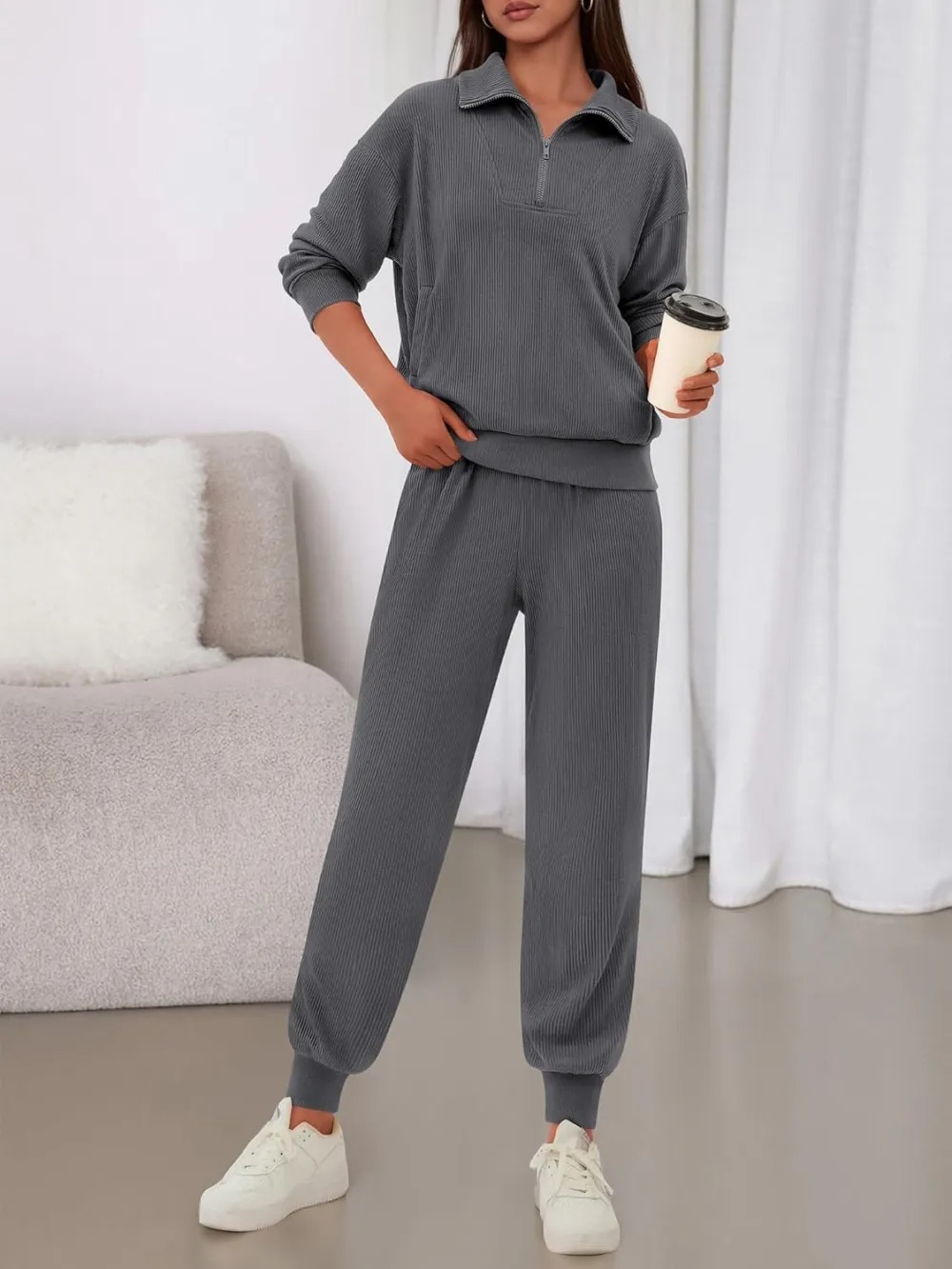 Women's Long Sleeve Half Zip Sweatshirt Sweatpants Lounge Set Sweatsuits with Pockets