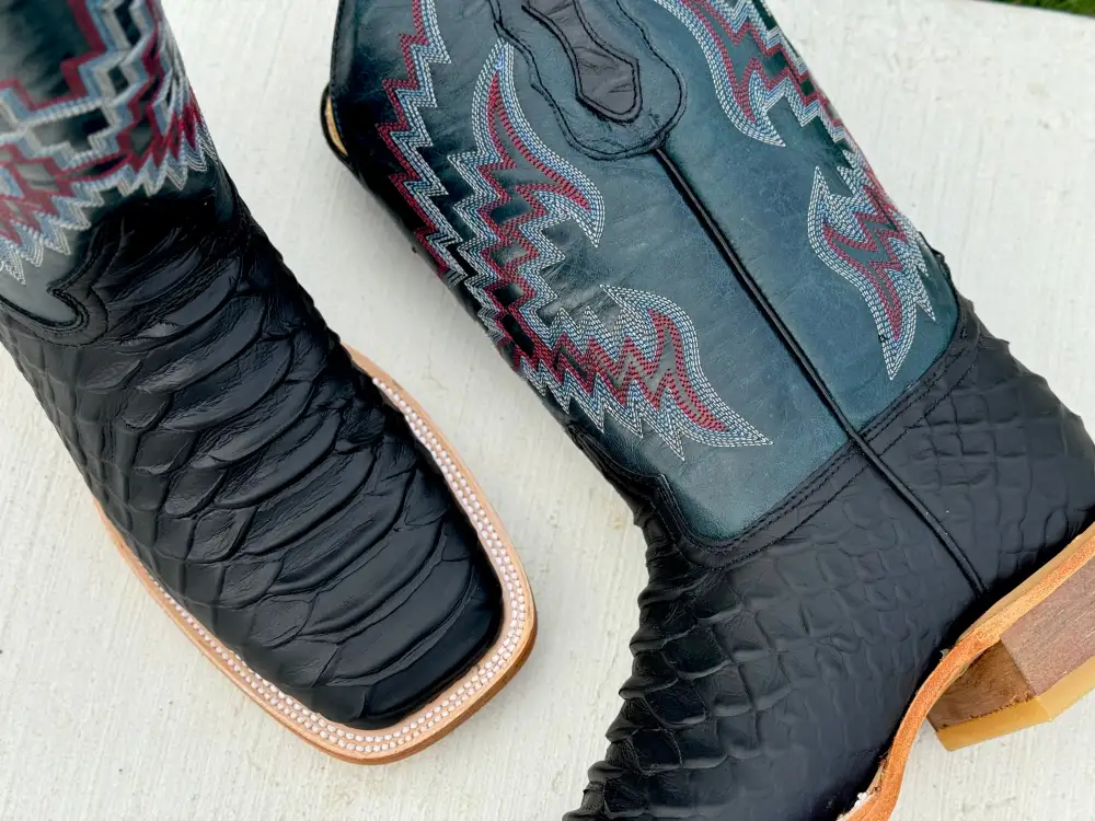 Mens Black Matte Python Leather Boots With Blue Shaft