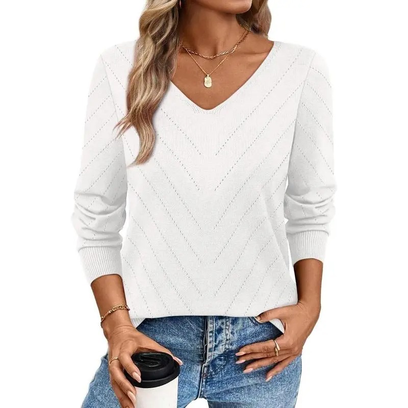 V-Neck Knit Sweater for Women - Apricot Basic Fitted Minimalist Crochet Details Breathable Lightweight Pullover Top