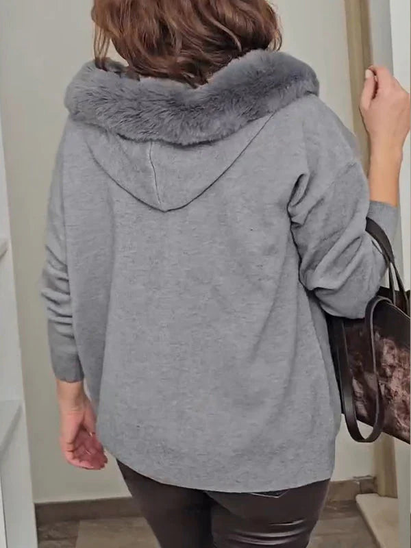 Women Fur Collar Drawstring Plush Ball Casual Jacket